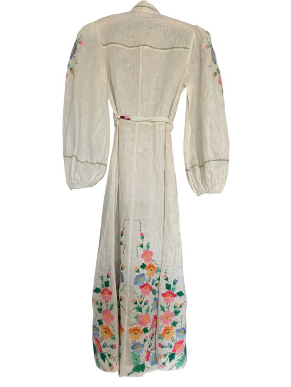 Zimmermann Floral Embroidered Linen Vyshyvanka Dress Bubble Sleeve Belted 0P - Picture 3 of 11